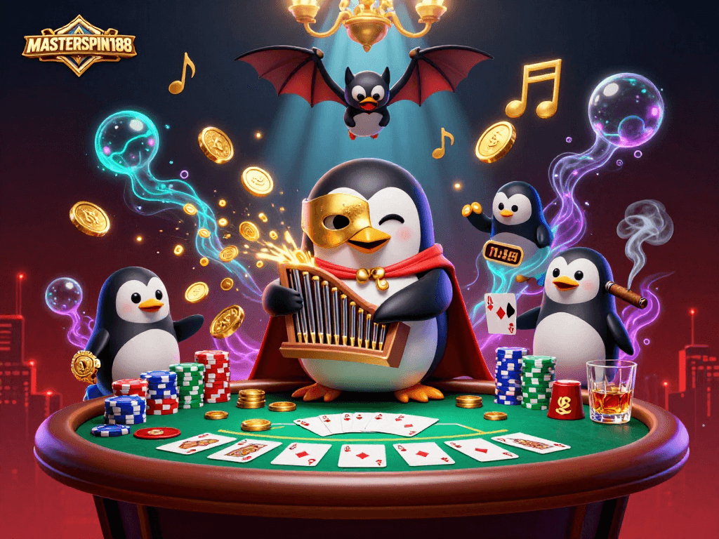 Experience the thrill of gambling with MASTERSPIN188 in a vibrant casino-themed illustration.