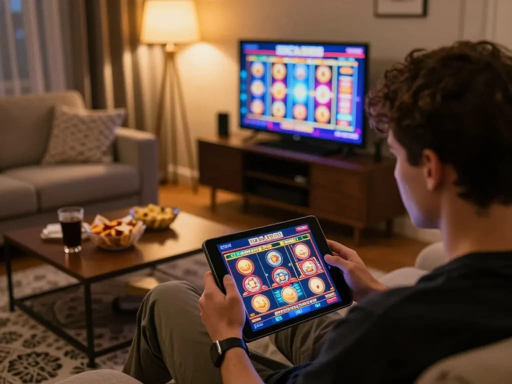 IDCASH88 player enjoying a thrilling slot game on a tablet in a cozy living room.
