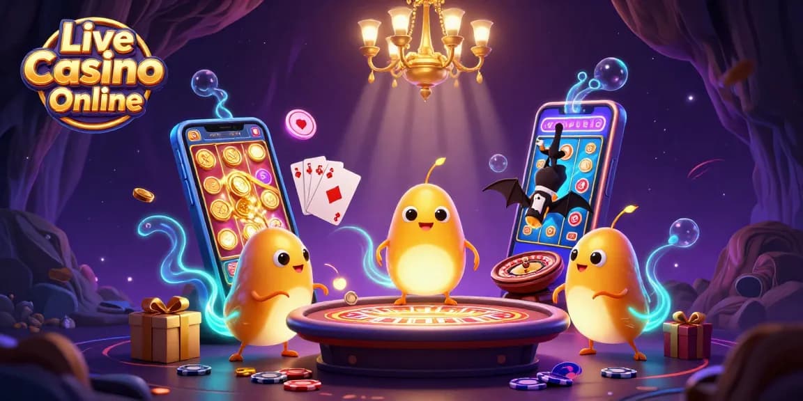 Experience excitement at Live Casino Online with glowing glowworms and a bat dealer in a vibrant casino.