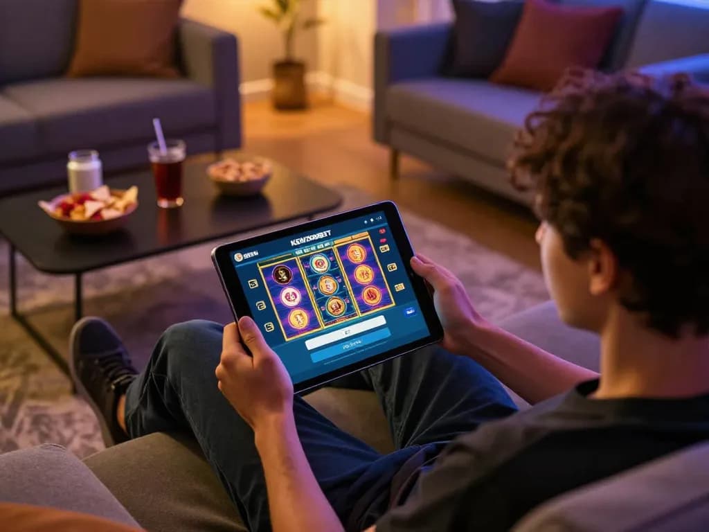 Engaging moment of a user accessing kenzobet login on a tablet while gaming online, showcasing a cozy and inviting atmosphere.