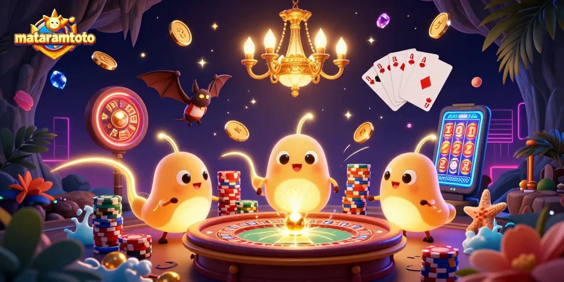 Mataramtoto dikelilingi oleh karakter glowworm cerah yang menghadirkan suasana kasino yang energik dengan koin emas dan permata berkilau.