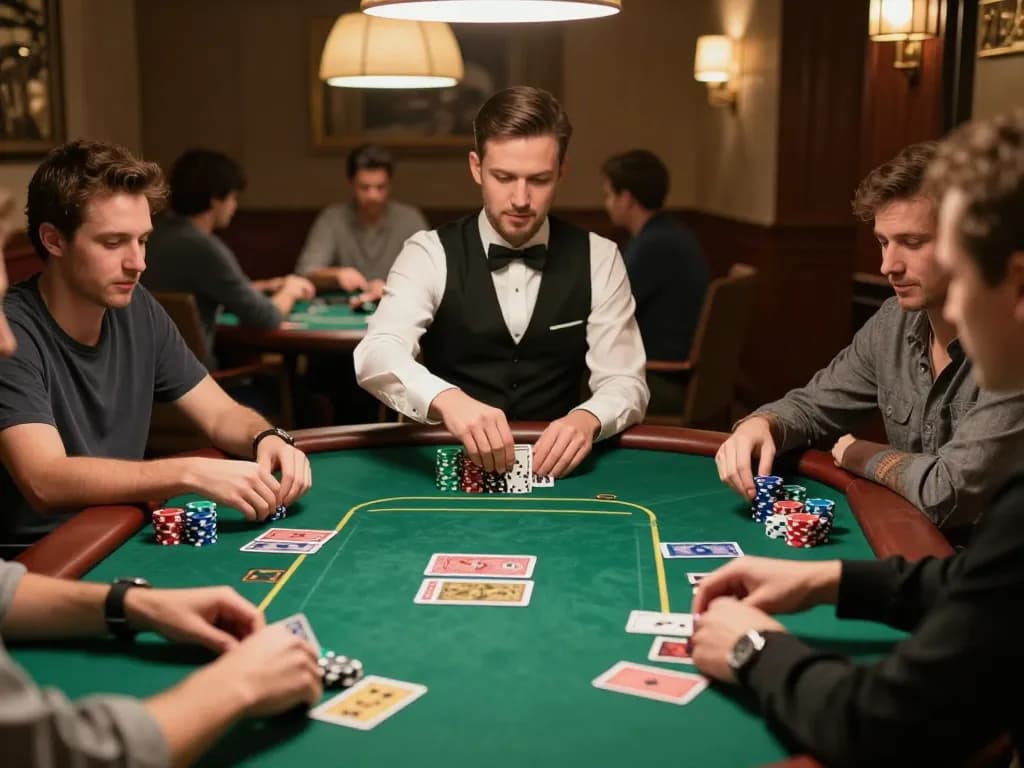 Juraganbola players strategizing during an intense poker game with chips and cards
