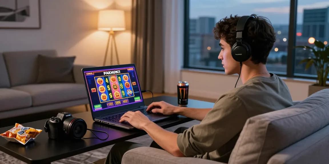Engaged player enjoying pakhoki slots in a modern living room with vibrant graphics.