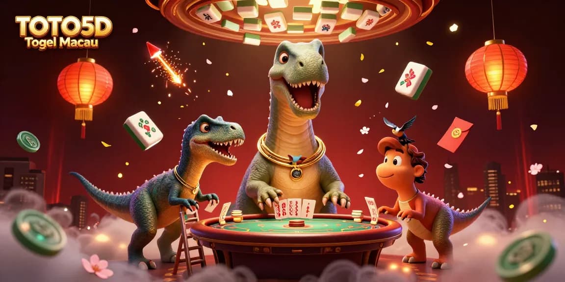 TOTO5D Togel Macau menampilkan dinosaur 3D dengan kartu sedang dibagikan di meja poker interaktif dalam suasana ceria.