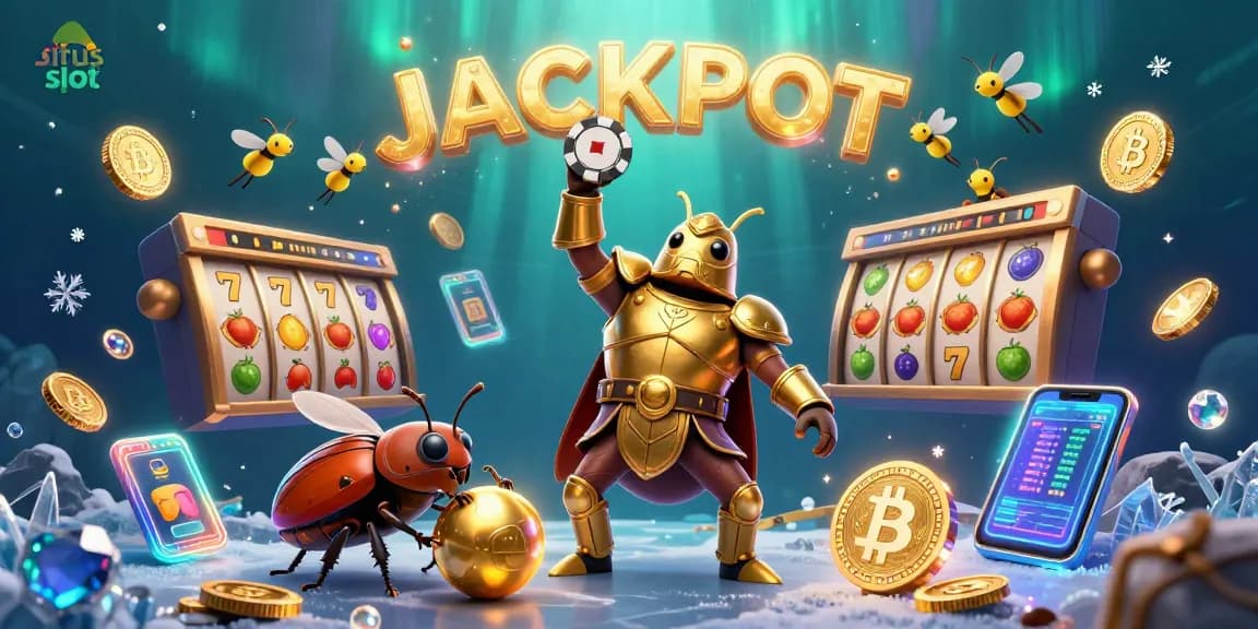 Menghadirkan situs slot yang menarik dengan simbol permainan, bug hercules perunggu, dan cahaya menarik.