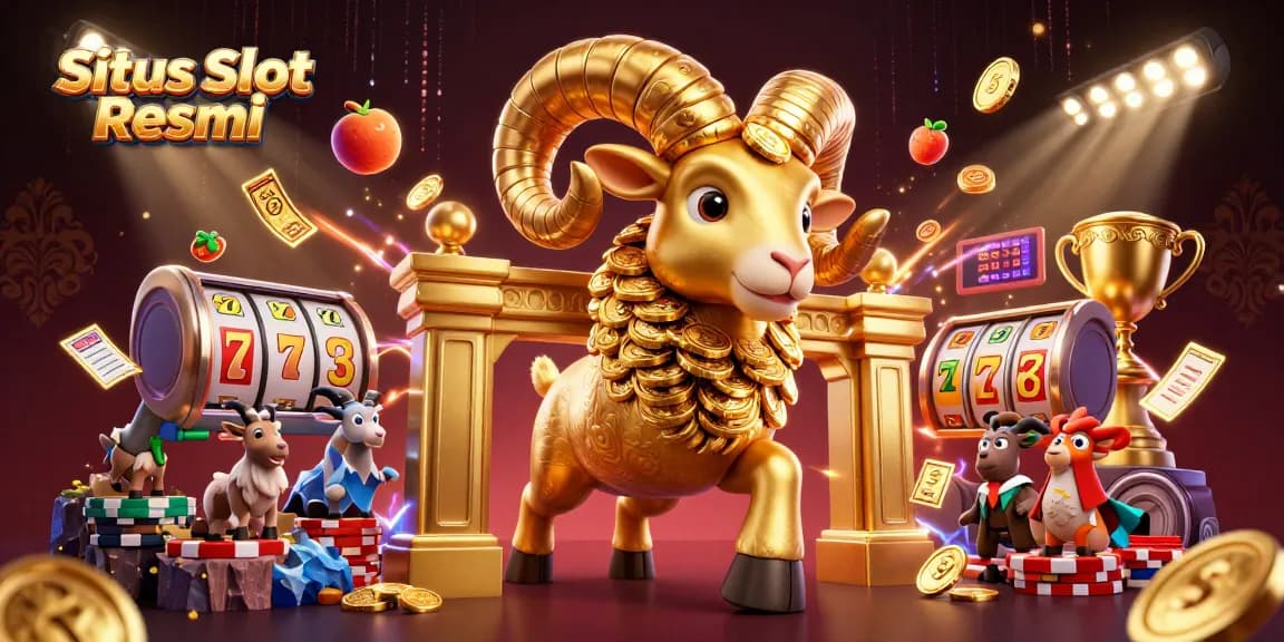 Situs Slot Resmi menyajikan ilustrasi kasino yang dinamis dan penuh warna, menampilkan elemen slot dan jackpot.