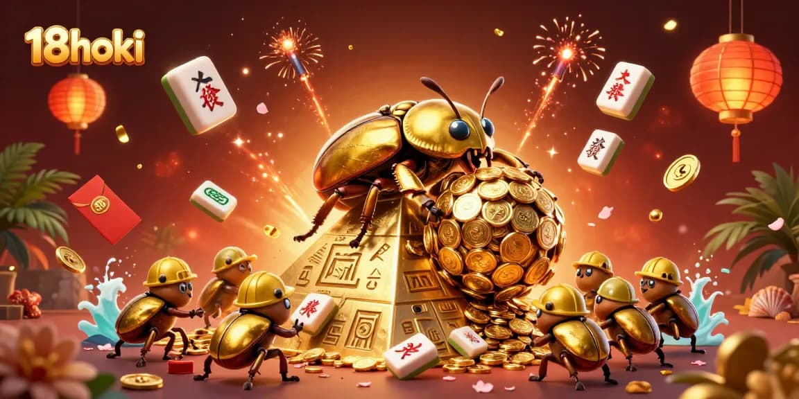 Experience the thrill of 18hoki as golden beetles roll jackpots surrounded by festive casino symbols.