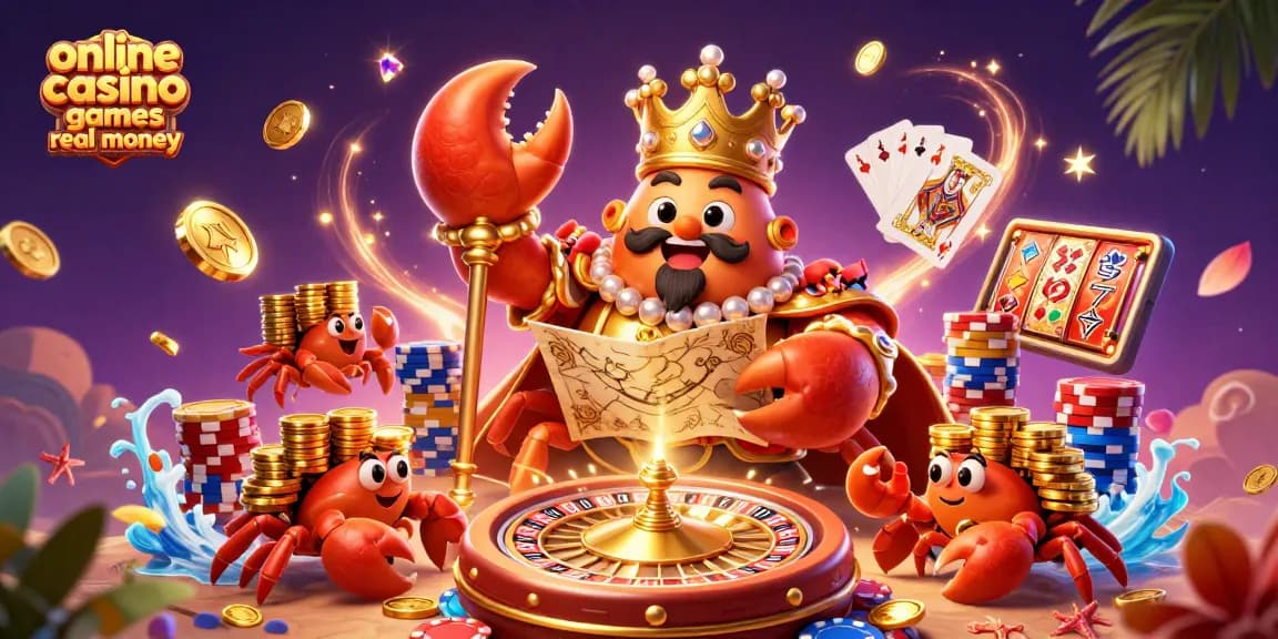 Engage in online casino games real money with a vibrant scene featuring a golden crab emperor and colorful gambling elements.