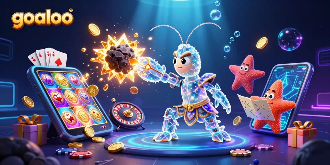 Goaloo menyajikan ilustrasi 3D perjudian yang dinamis dengan efek cahaya dan elemen permainan.