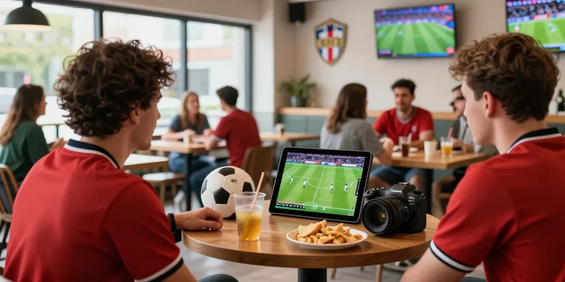 Pengguna Jalalive menonton pertandingan bola secara langsung dengan perangkat di kafe modern.