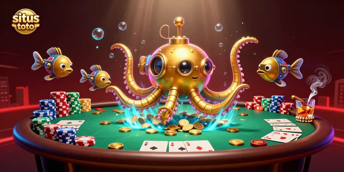 Gambarkan kemenangan situs toto saat bermain poker dengan kombinasi koin emas dan karakter unik.