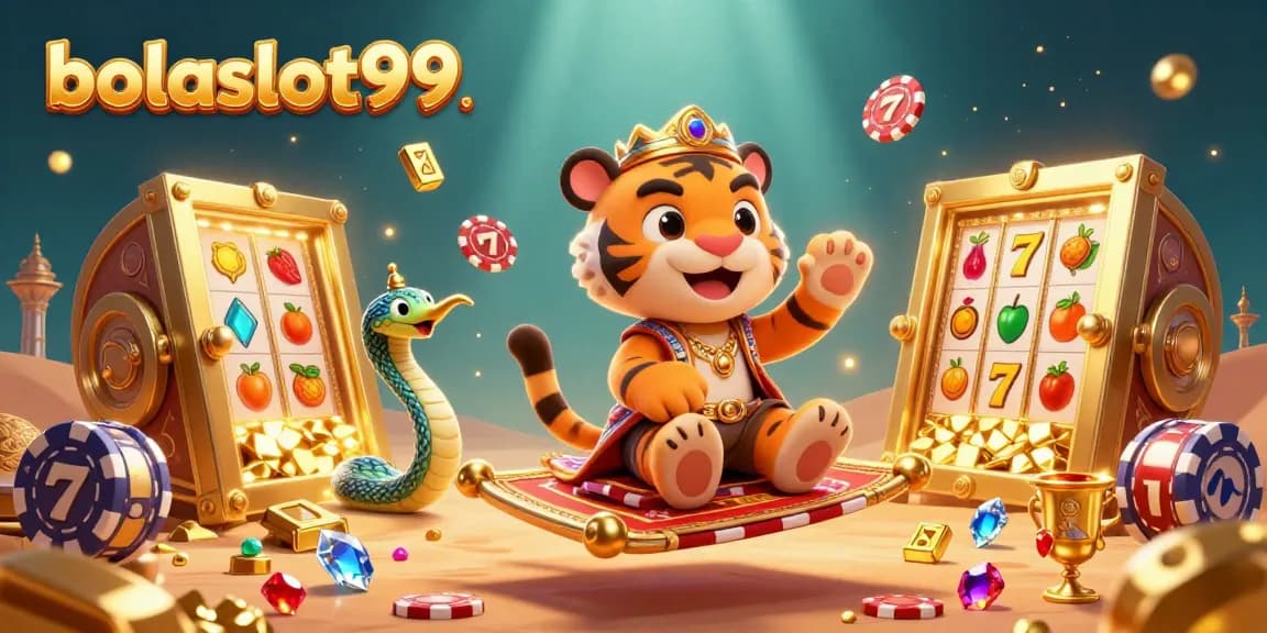 Bolaslot99 offers an exhilarating jackpot experience with 3D illustration of a tiger sultan and treasures.