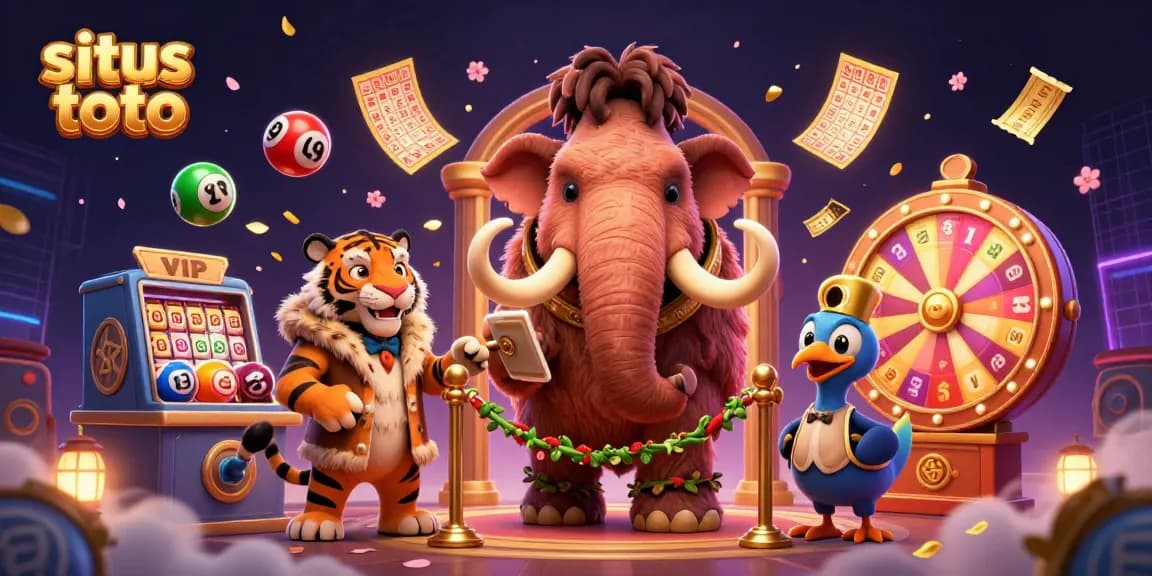 Situs toto melacak kargo dengan bouncer mamut berbulu dan tamu VIP macan saber dalam ilustrasi 3D yang mewah.