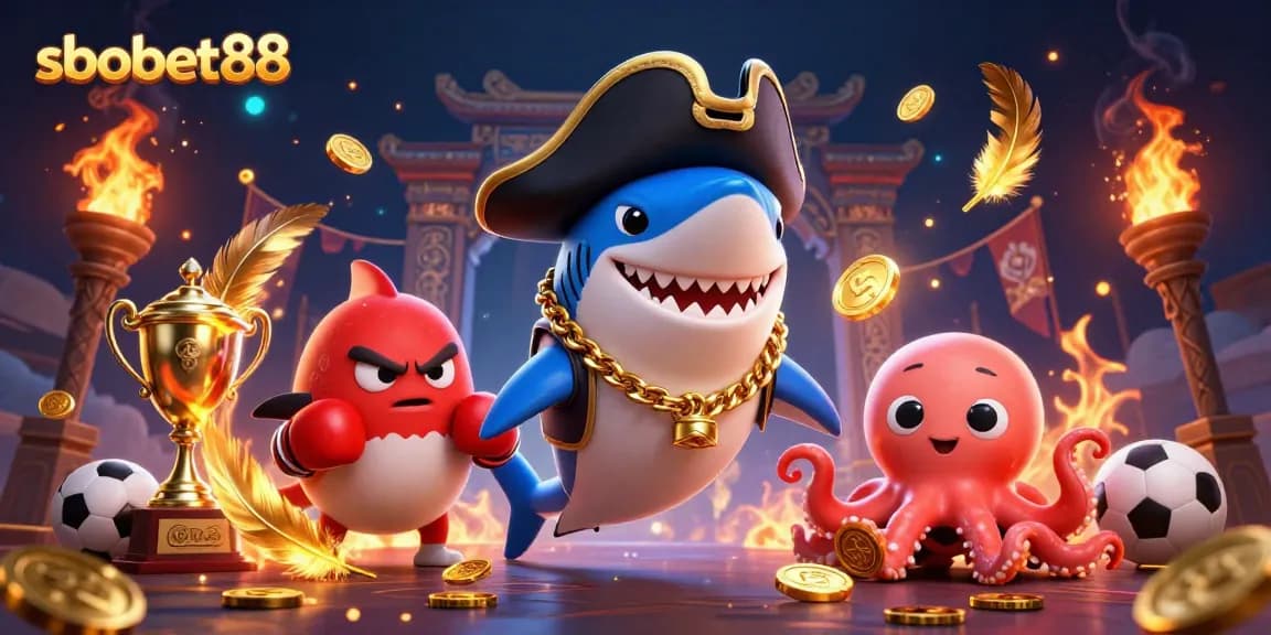 Sbobet88 offers thrilling sports betting action with a lively pirate shark and friends in an exciting environment.
