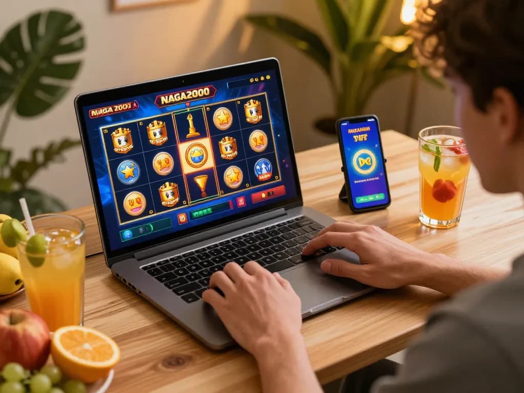 NAGA2000 Daftar slot gaming experience with a player engaged on laptop and smartphone.