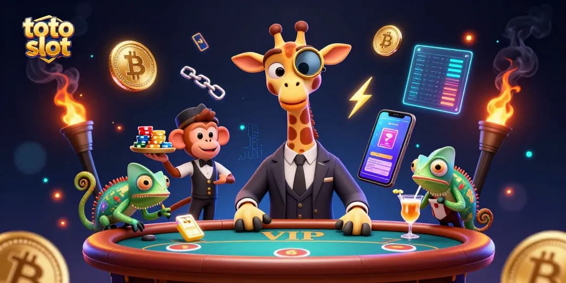 Gambarkan momen menarik di kasino dengan toto slot, hewan lucu, dan elemen kripto yang berkilau.
