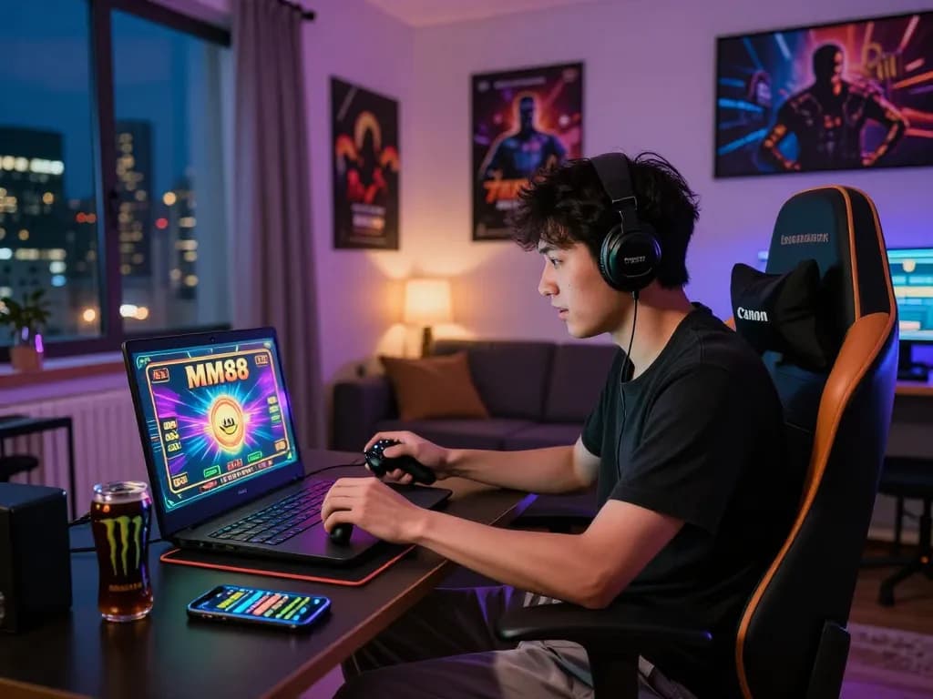Player enjoying an MM88 online casino game in a cozy urban setting, surrounded by gaming essentials and vibrant lights.