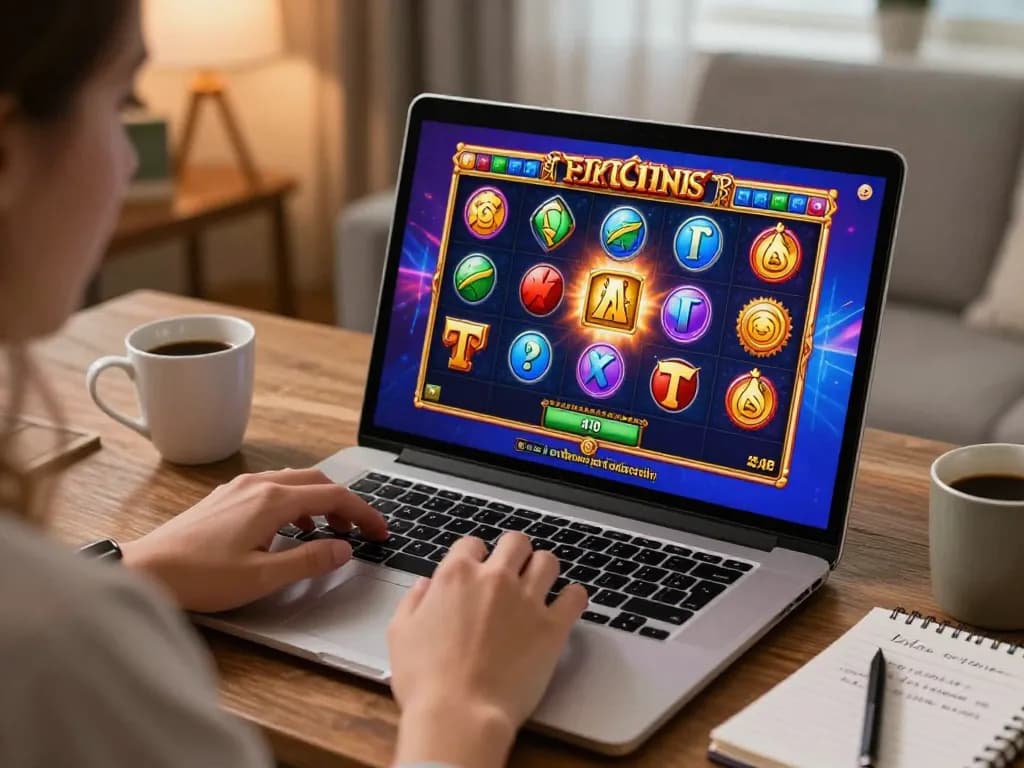 Aksi permainan slot yang menarik menampilkan manfaat bonus anggota baru pada pengaturan permainan online yang cerah.