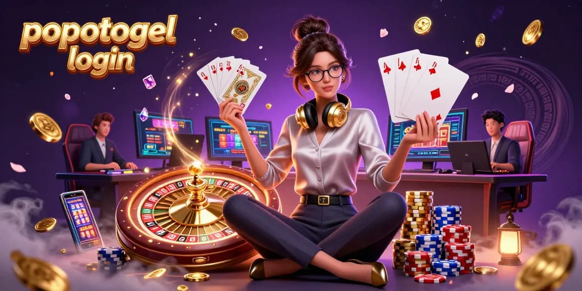 Win big with popotogel login, featuring a professional gamer immersed in a vibrant casino scene.
