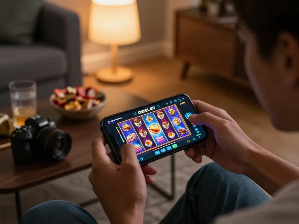 Berinteraksi dengan antarmuka slot online ONDEL4D di ponsel dalam suasana rumah yang nyaman