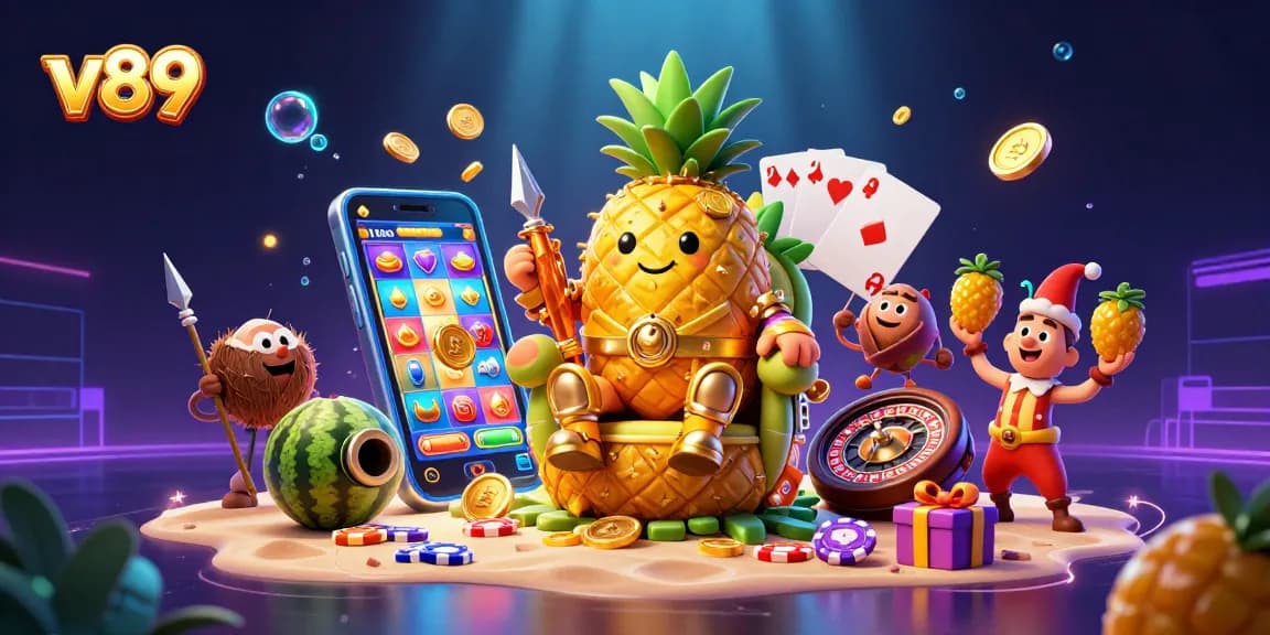Gambarkan v89 sebagai Raja Nanas emas di kasino pantai dengan penjaga kelapa dan jester mangga.