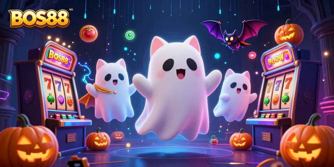 BOS88 menghidupkan suasana slot online dengan karakter kucing hantu dan teman kelelawar, penuh simbol jackpot.