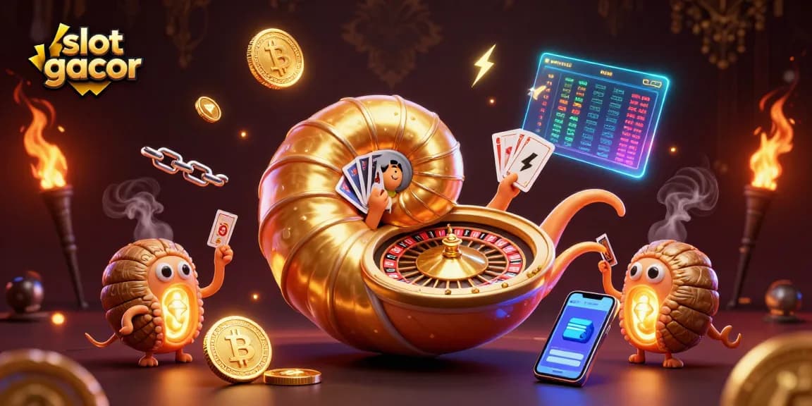 Putaran mesin slot gacor dengan nautilus kuno dan koin Bitcoin bersinar di kasino virtual.