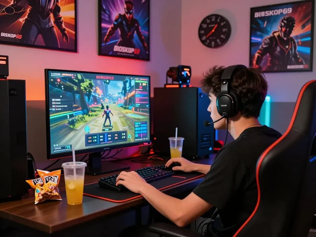 Gamer immersed in BIOSKOP69 virtual game, dynamic gaming setup with LED lights and snacks.
