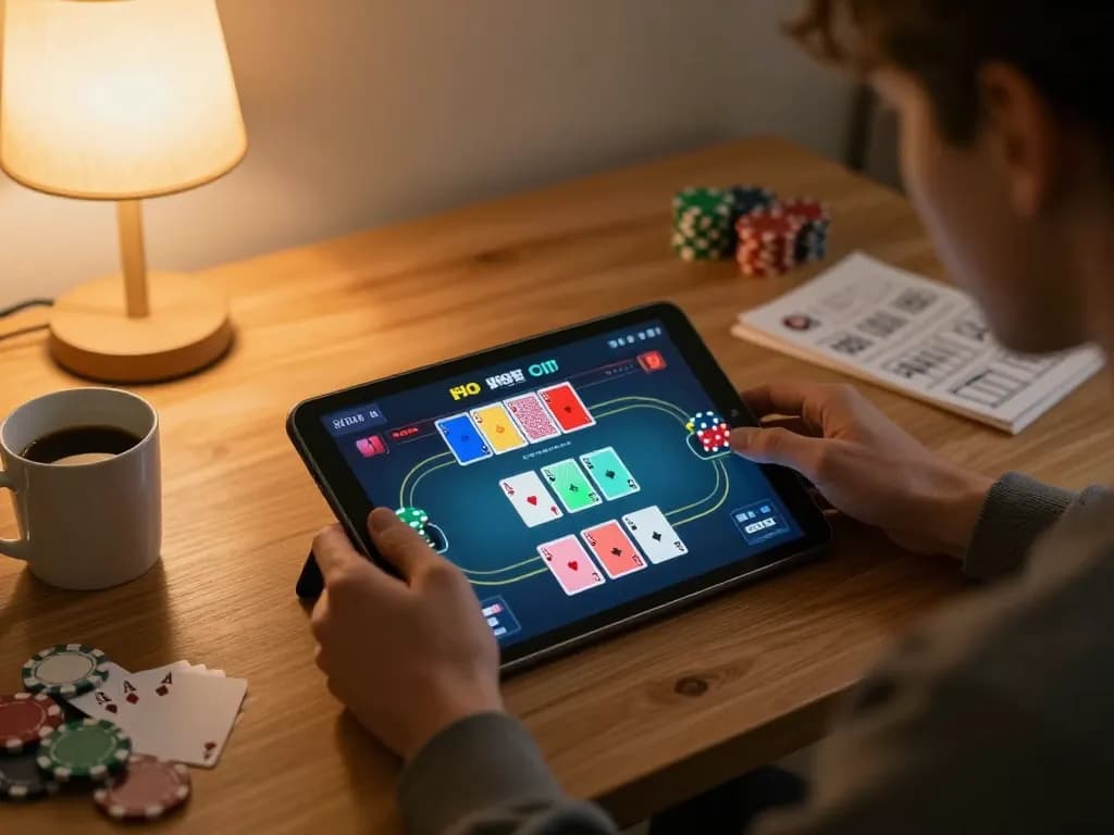 Pemain M88 Mansion Indo menikmati permainan poker langsung di tablet dalam suasana rumah yang nyaman