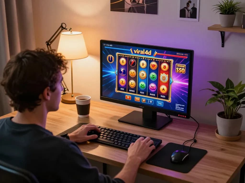 Player engaging in viral4d slots on a tablet in a cozy home setting with a colorful display.