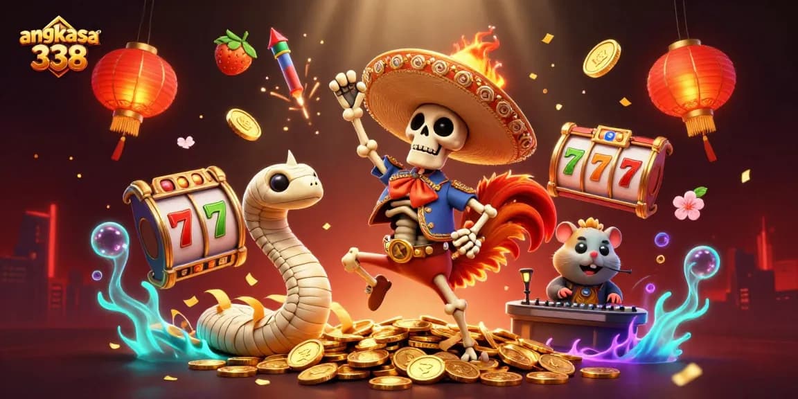 Experience the excitement of angkasa 338 with a vibrant casino illustration showcasing colorful characters and slots.