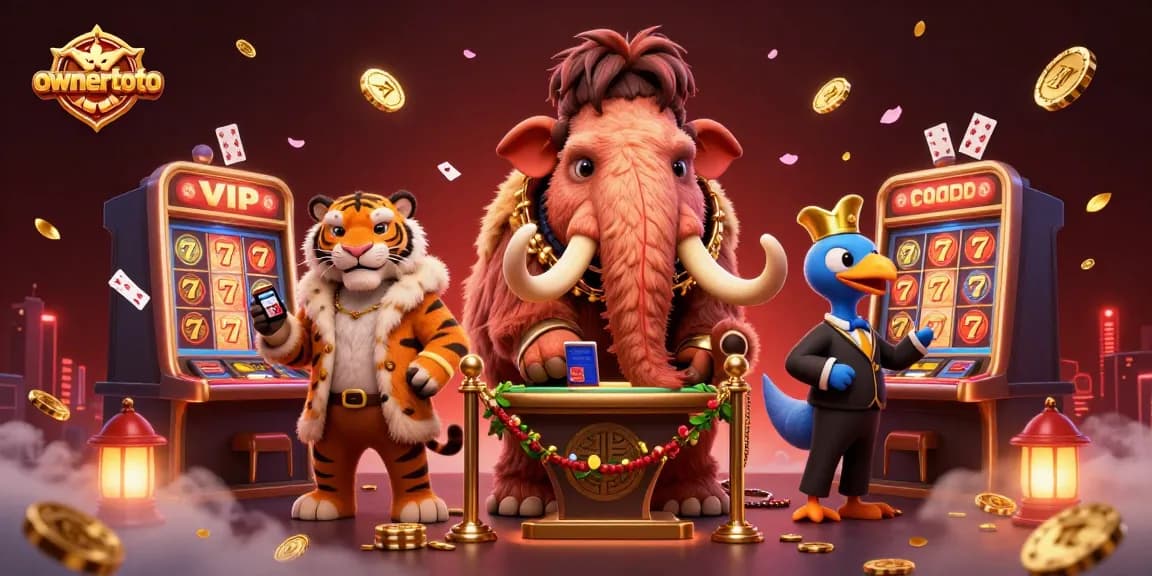 Menangkan hadiah besar dengan ownertoto, simbol slot dan kartu poker bertebaran di sekitar karakter kasino