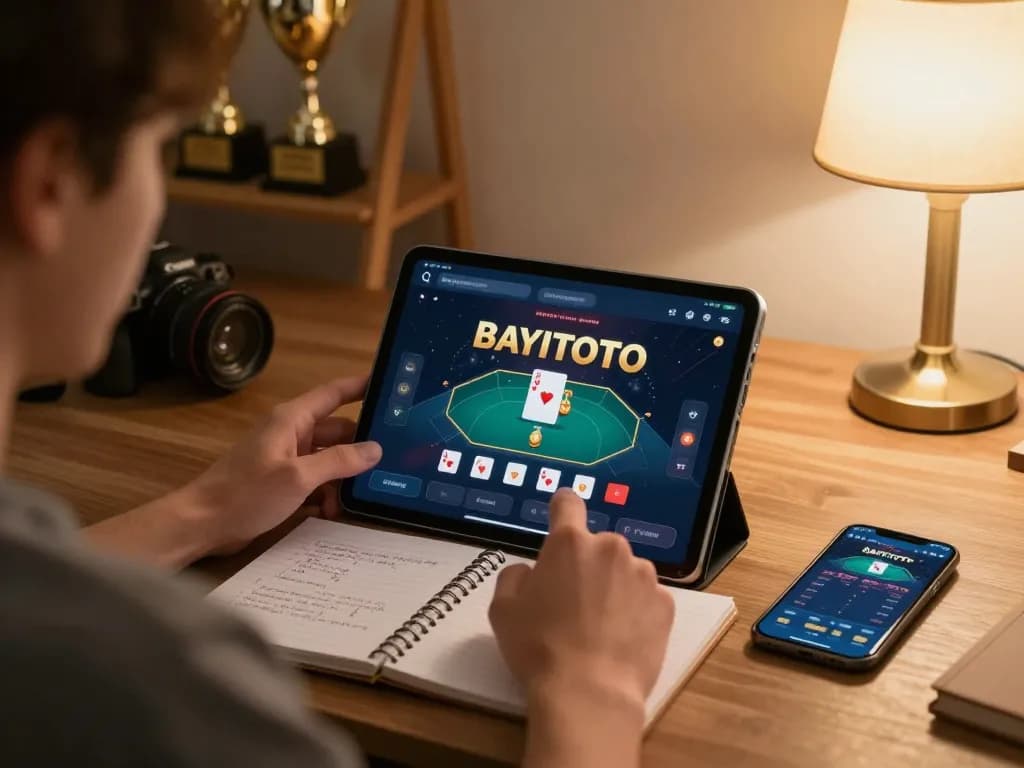 Engaging BAYITOTO player analyzing strategies on tablet in cozy home setting.