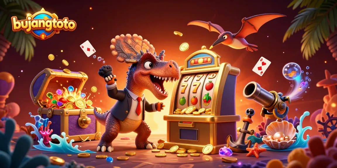 Bujangtoto menghadirkan keseruan dengan dinosaurus dan mesin slot bersinar yang menarik koin jackpot.