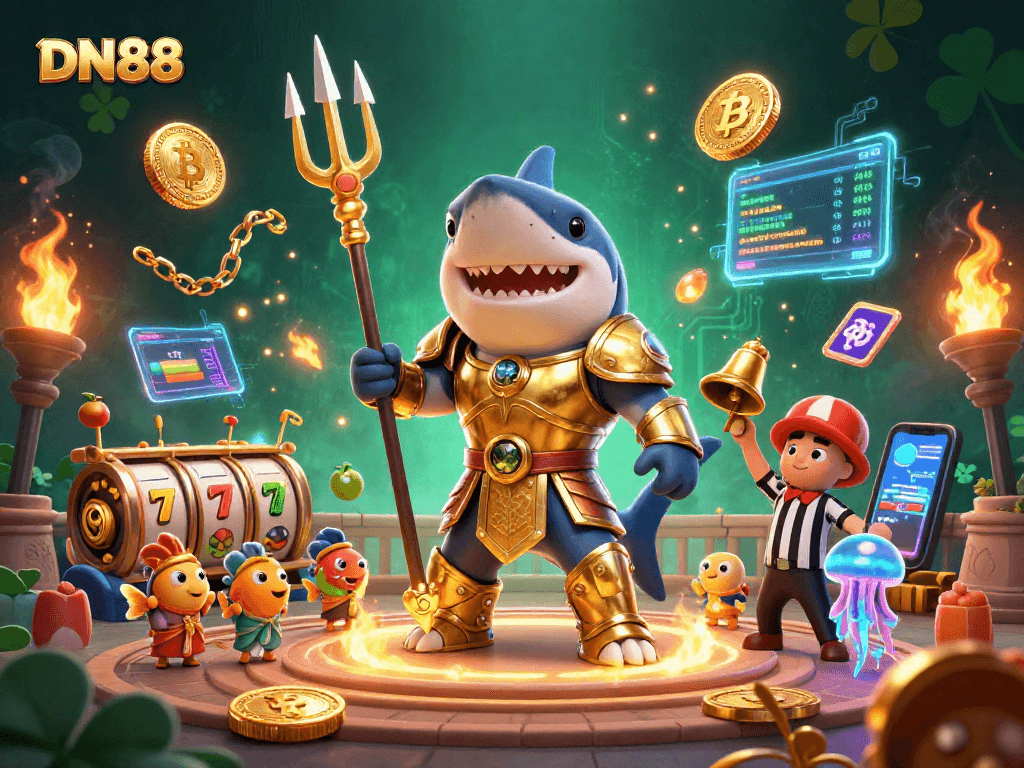 Experience thrilling slots and jackpots at DN88 with a dynamic illustration of a 3D tiger shark in a colosseum.