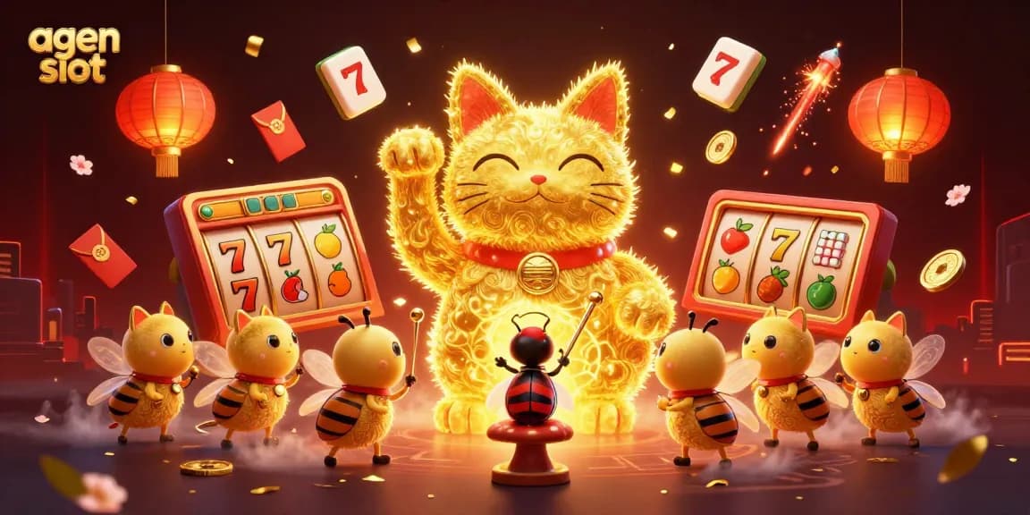 Rasakan sensasi bermain agen slot dengan kucing keberuntungan dari cahaya emas dan elemen kasino berwarna-warni.