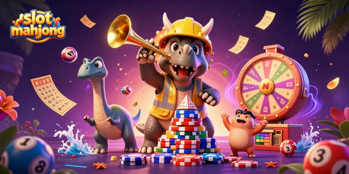 Memenangkan slot mahjong dengan ilustrasi triceratops, lotere berwarna, dan suasana kasino yang meriah.