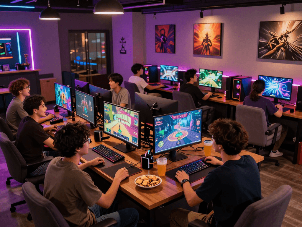 Engaged gamers discussing strategies at rokok88 login lounge, vibrant atmosphere, neon lights, and gaming setups.