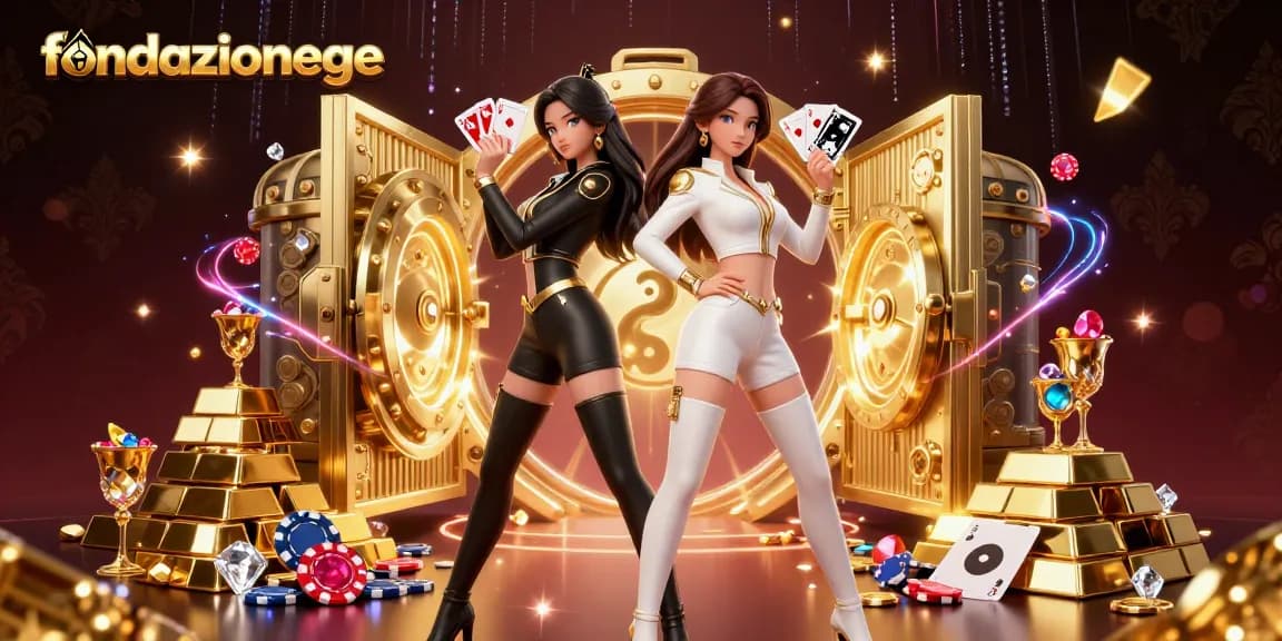 Engage with fondazionege as stunning twin Asian women showcase strategy with casino cards in a vibrant, adorned gambling scene.