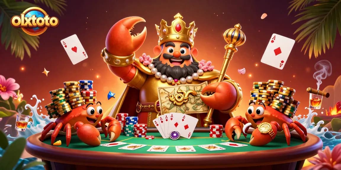 Gambar olxtoto yang menggambarkan kepiting emas besar di kasino, memegang peta harta dan tongkat kerajaan.