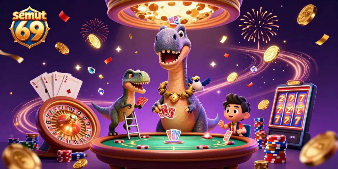 Semut 69 menampilkan brontosaurus 3D besar di kasino, dikelilingi chip dan koin berkilau.