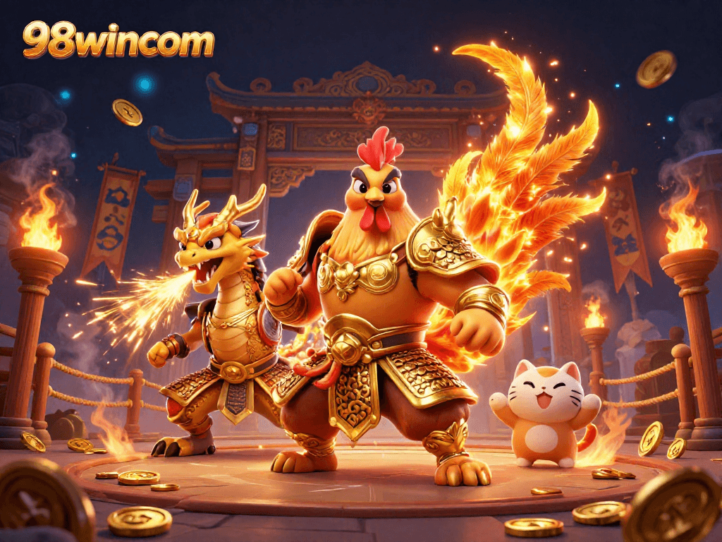 Experience the excitement of 98wincom with dynamic casino warriors in a vibrant 3D scene.