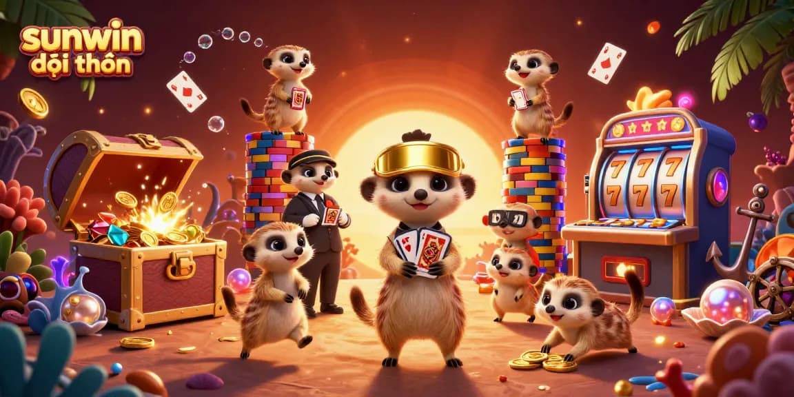 Engaging scene of meerkats operating a casino, showcasing sunwin đổi thưởng with vivid slot elements, gold coins, and excitement.