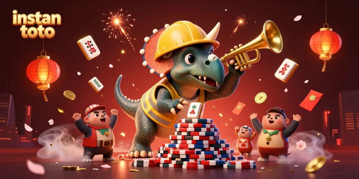 Permainan instan toto diilustrasikan dengan karakter lucu dan elemen kasino yang meriah.