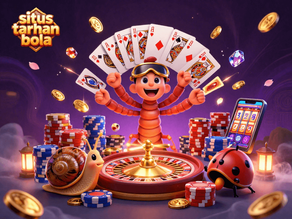 Unleash your winning instincts at situs taruhan bola with dynamic casino excitement depicting a vibrant illustration of colorful characters and gaming elements.