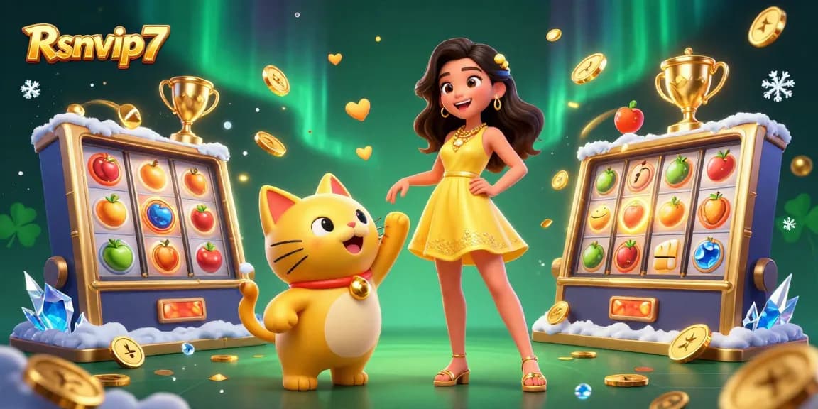 Rasakan Rsnvip7 dengan seorang wanita ceria dan kucing keberuntungan emas di tengah elemen kasino yang bersemangat.