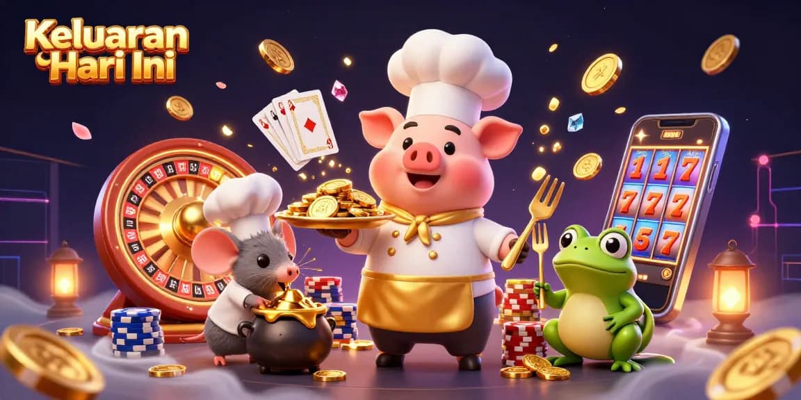 Keluaran Macau Hari Ini shows vibrant 3D illustration with whimsical casino elements and characters.