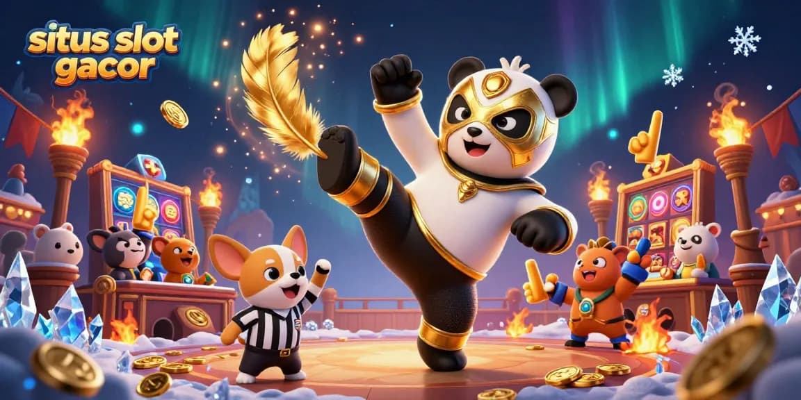 Engage in situs slot gacor excitement with a panda wrestler kicking in a lively casino backdrop.