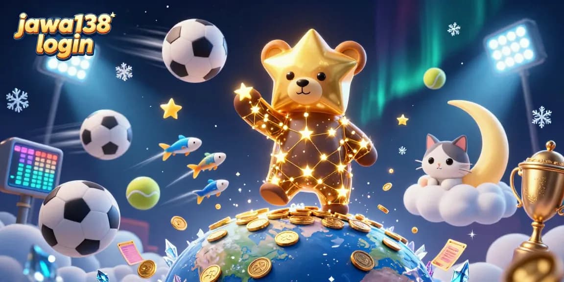 Engaging illustration showcasing jawa138 login with a golden constellation bear, sports elements, and vibrant cosmic details.
