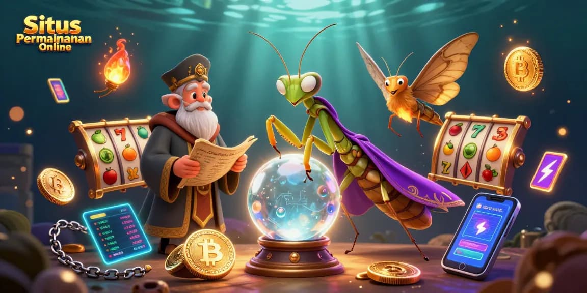 Situs Permainan Online showcases a vibrant casino scene with a cartoon mantis fortune teller, moth librarian, and engaging slot game elements.